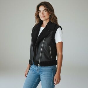 NWT Madden Girl Black Shearling Vest SZ XL Moto Zip Sleeveless Faux Fur Suede